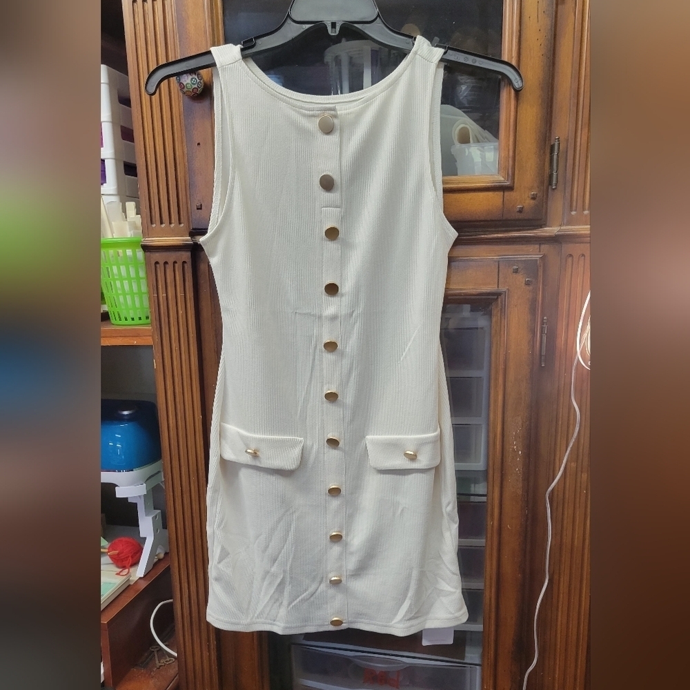 Creamy White Gold Button Accent Sweater Sleeveless 2 Pockets Dress XS - Picture 1 of 7